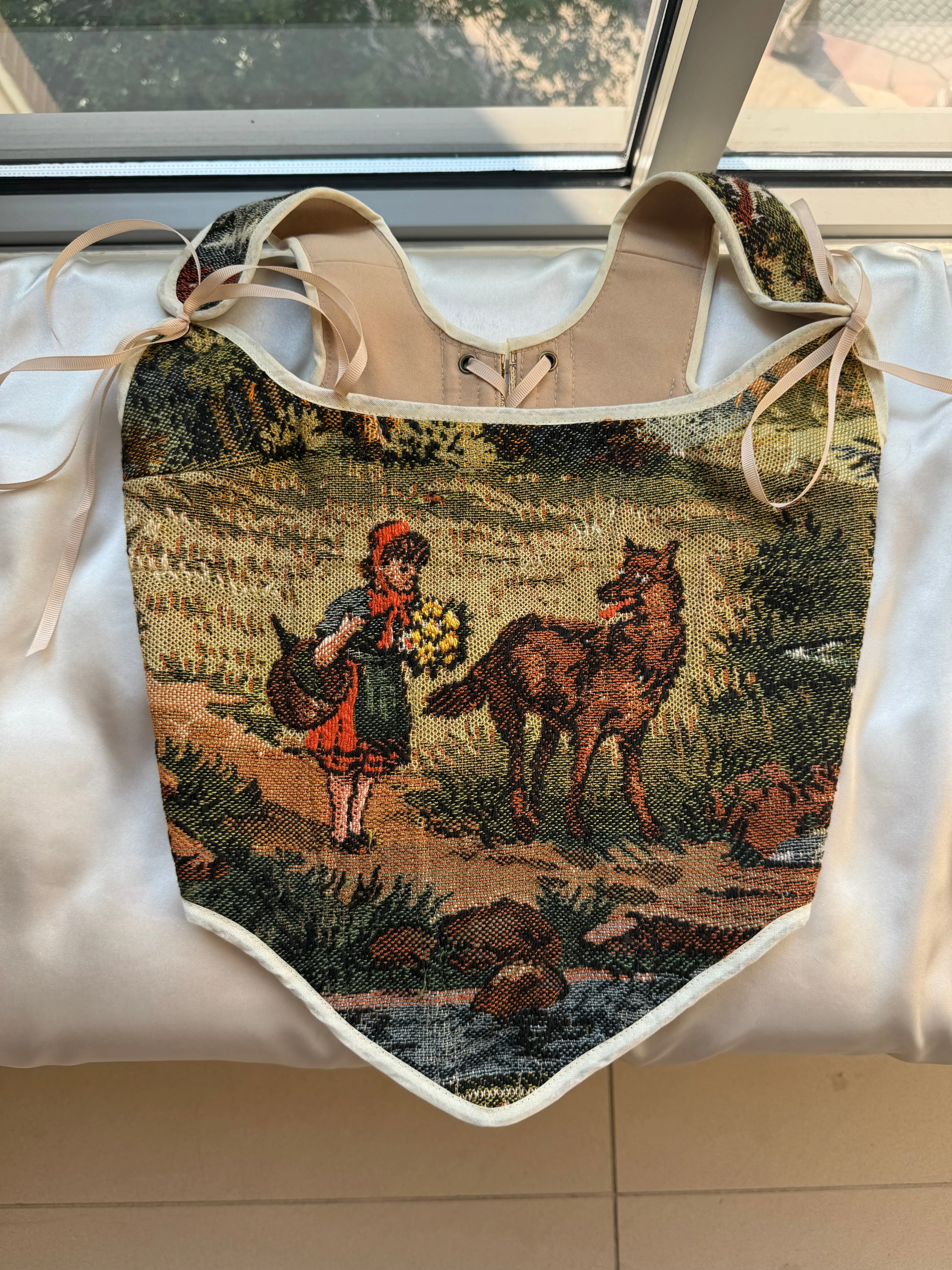 Lace-up Vintage Tapestry Corset Top, "Little Red Riding Hood” Pattern