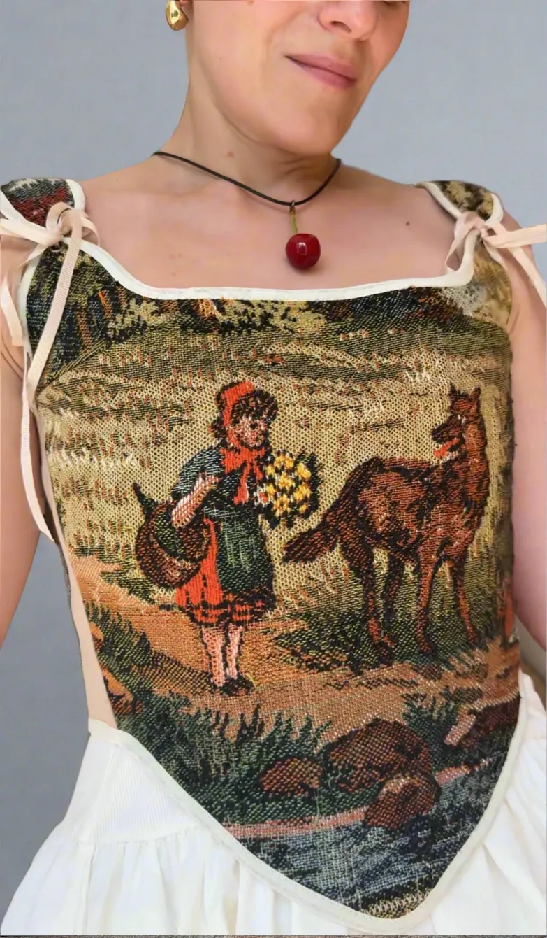 Lace-up Vintage Tapestry Corset Top, "Little Red Riding Hood” Pattern
