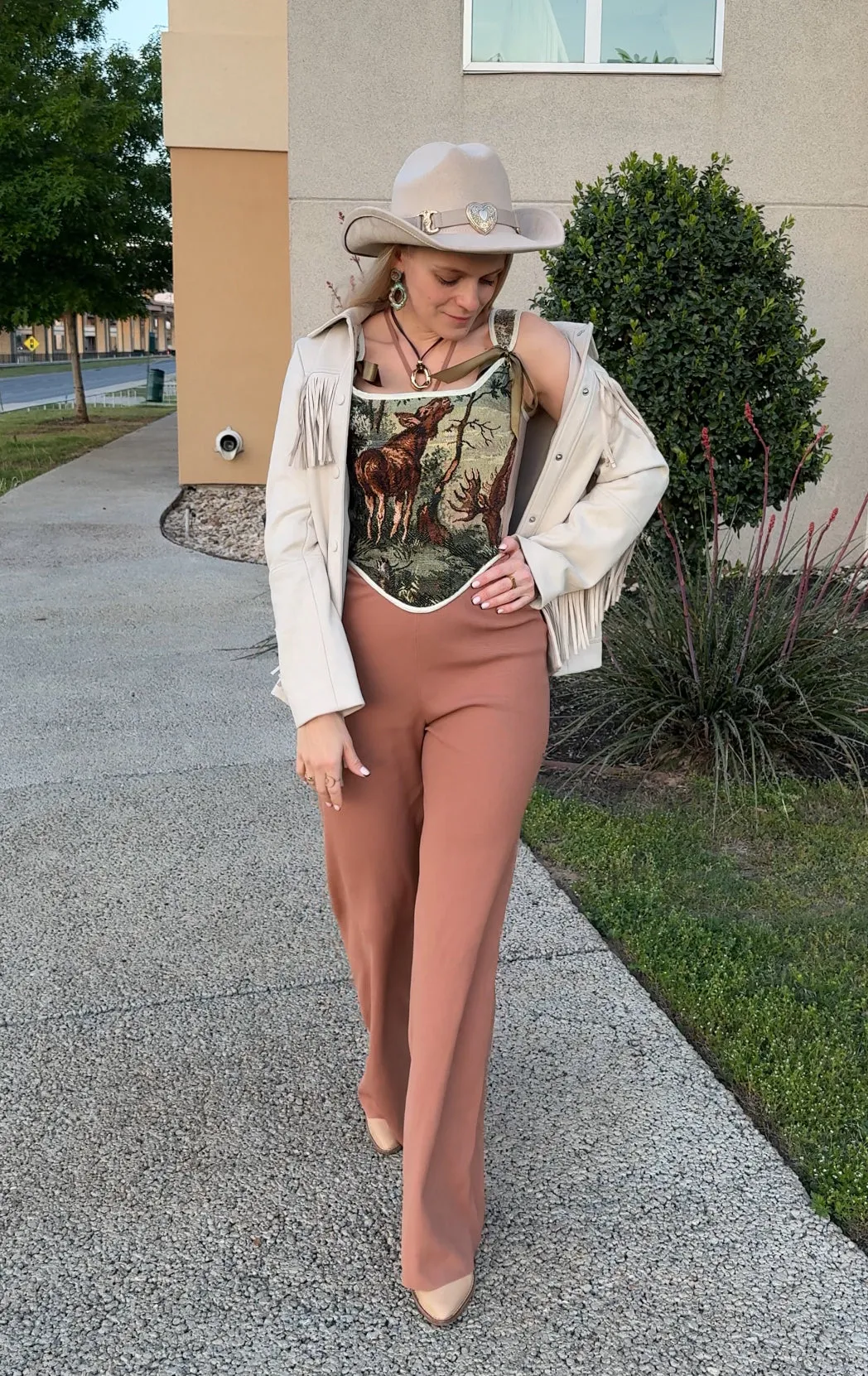 Lace-up Vintage Tapestry Corset Top, "Moose in the Woods” Print