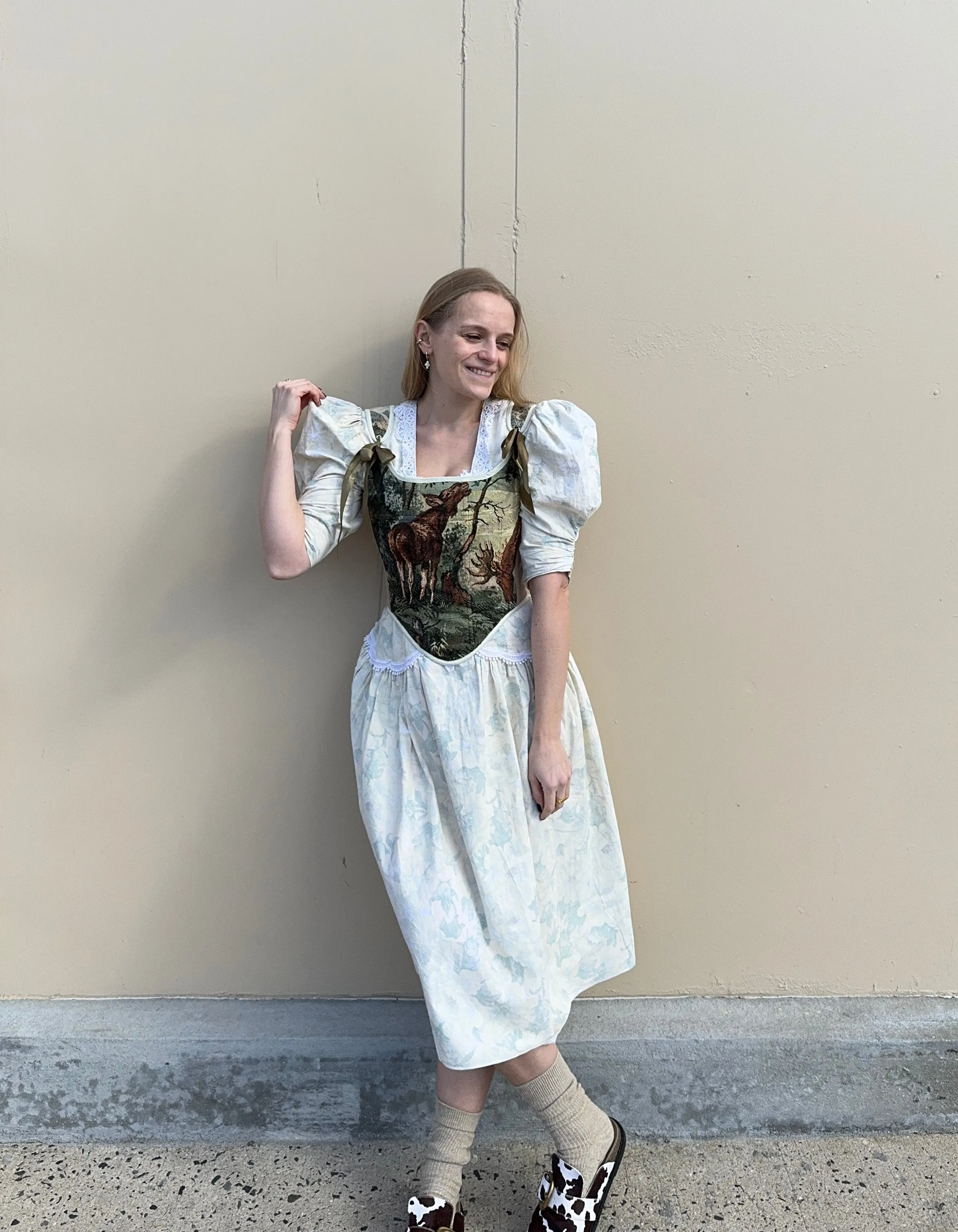 Lace-up Vintage Tapestry Corset Top, "Moose in the Woods” Print