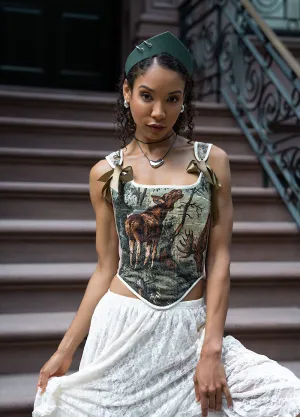 Lace-up Vintage Tapestry Corset Top, "Moose in the Woods” Print