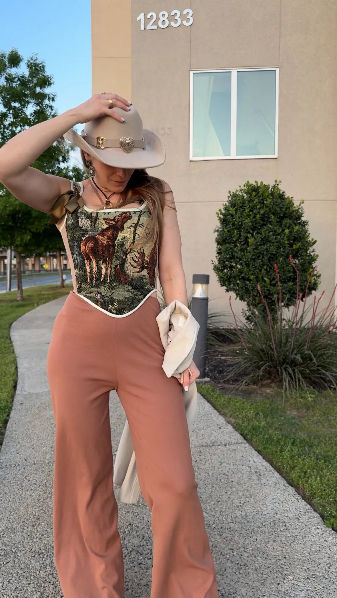 Lace-up Vintage Tapestry Corset Top, "Moose in the Woods” Print