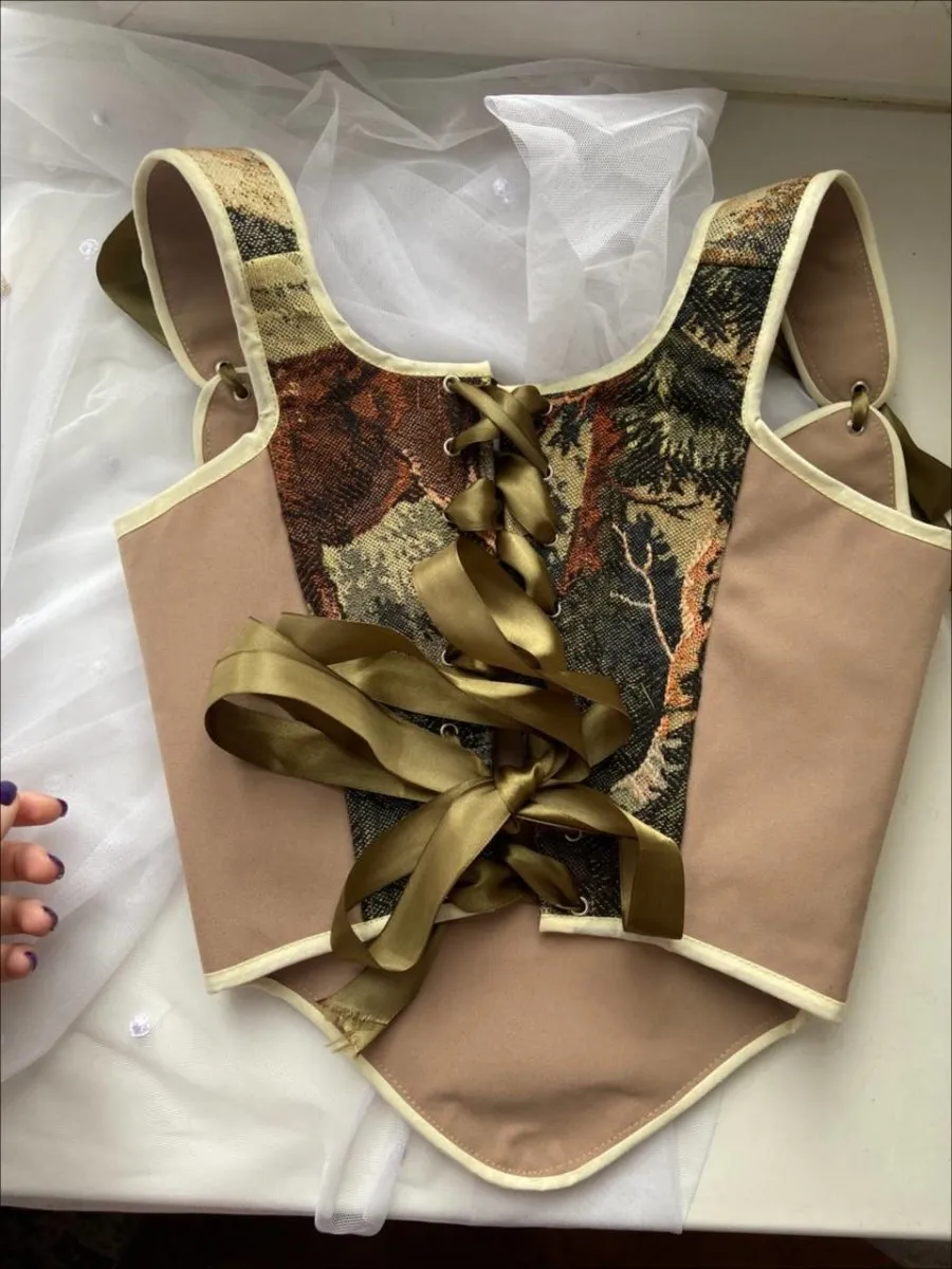Lace-up Vintage Tapestry Corset Top, "Moose in the Woods” Print