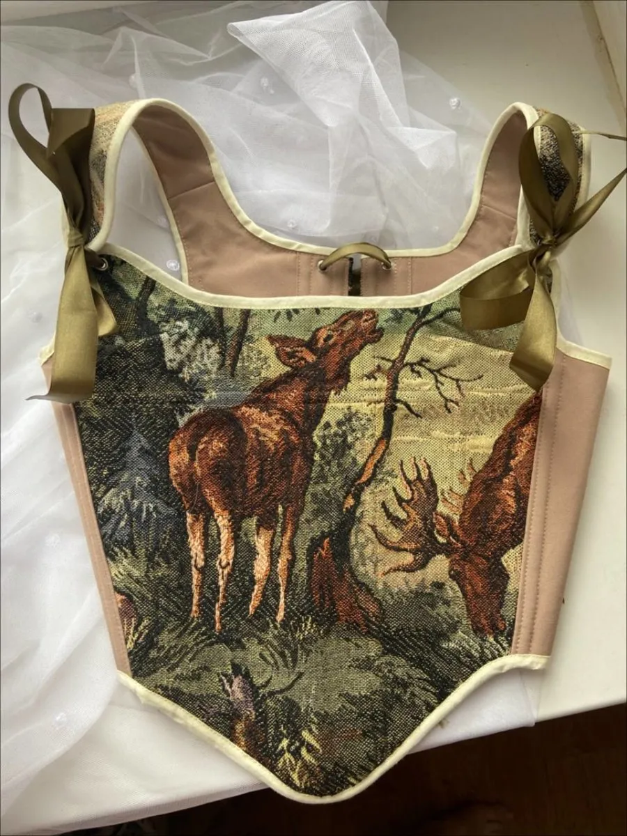 Lace-up Vintage Tapestry Corset Top, "Moose in the Woods” Print