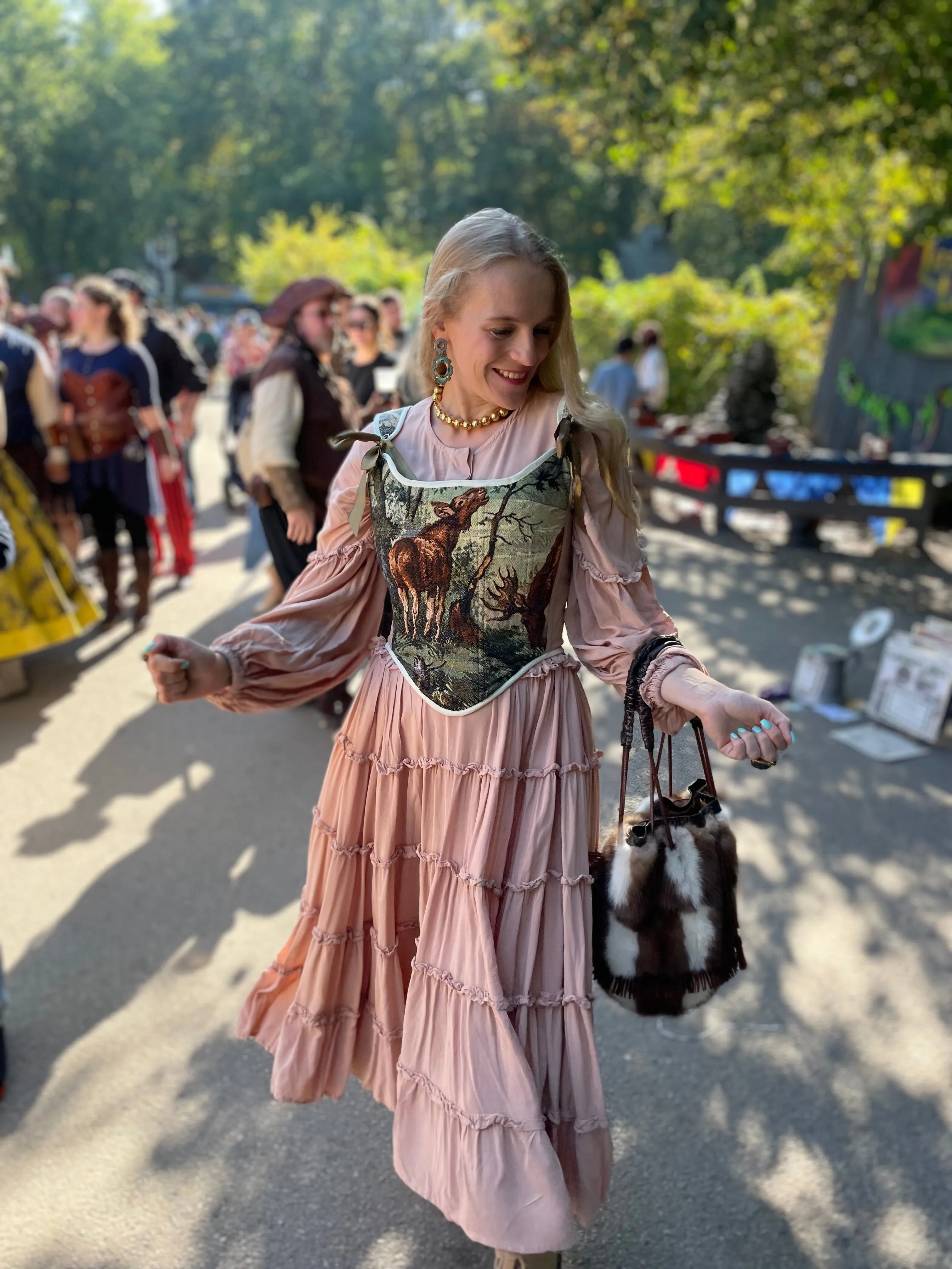 Lace-up Vintage Tapestry Corset Top, "Moose in the Woods” Print