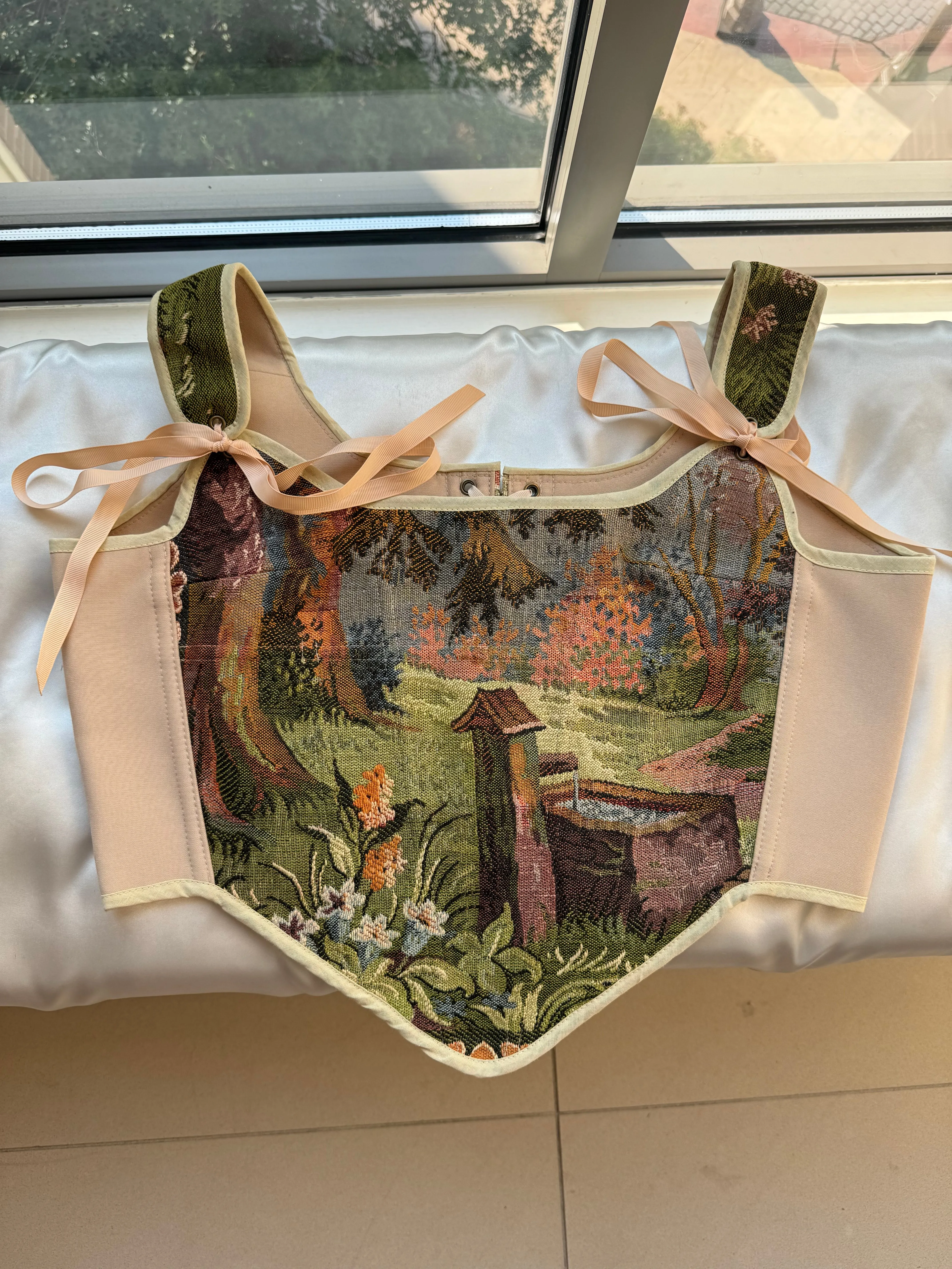 Lace-up Vintage Tapestry Corset Top, "Scenic Well in the Woods” Pattern