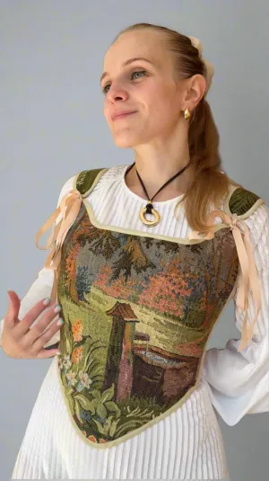 Lace-up Vintage Tapestry Corset Top, "Scenic Well in the Woods” Pattern
