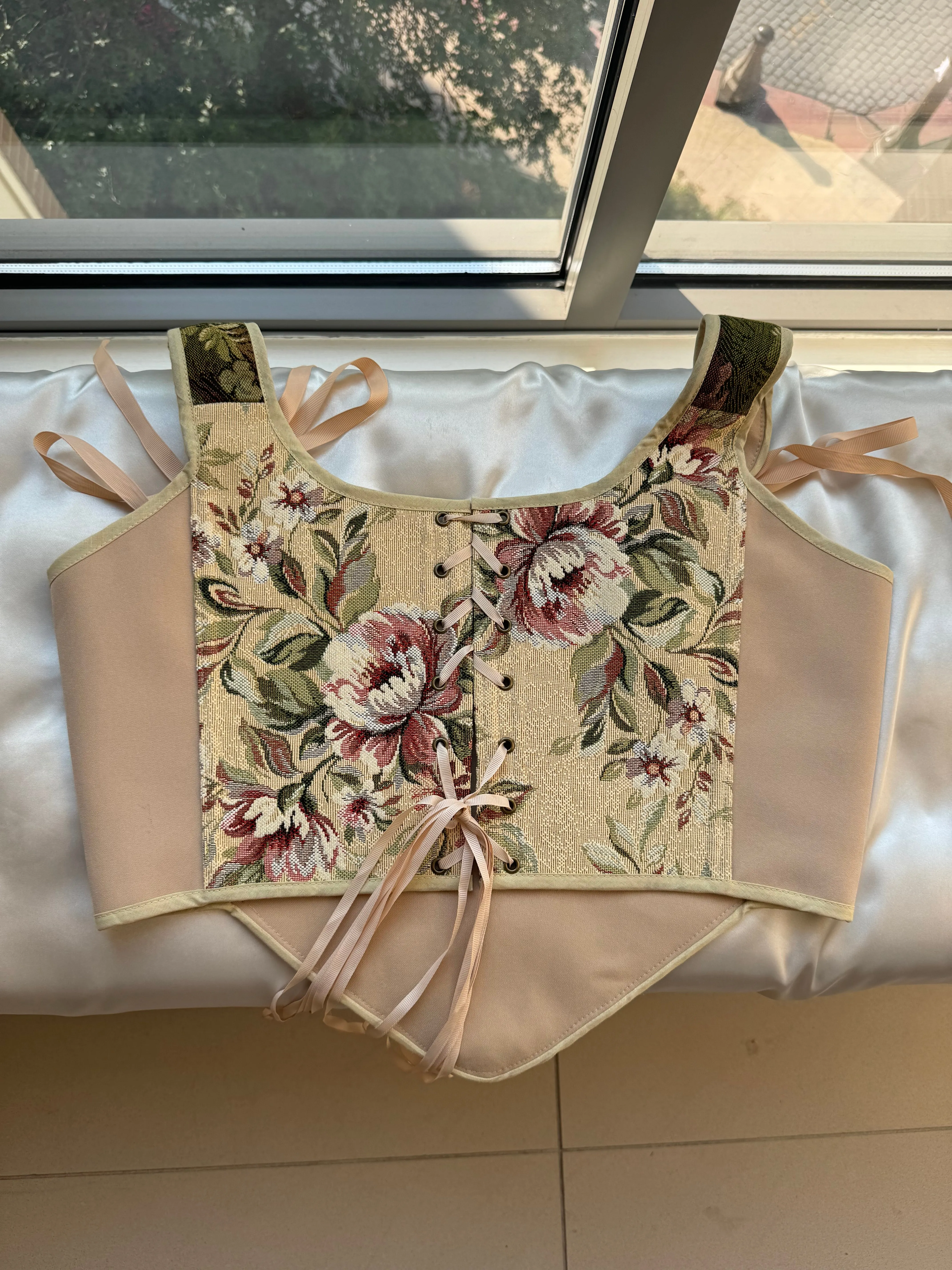 Lace-up Vintage Tapestry Corset Top, "Scenic Well in the Woods” Pattern