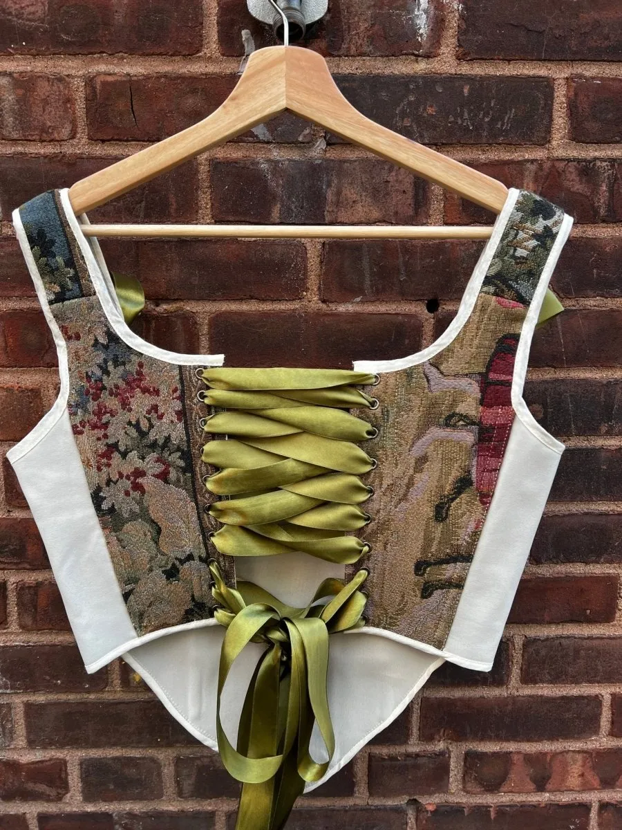 Lace-up Vintage Tapestry Corset Top, "Sitting Boy” Print