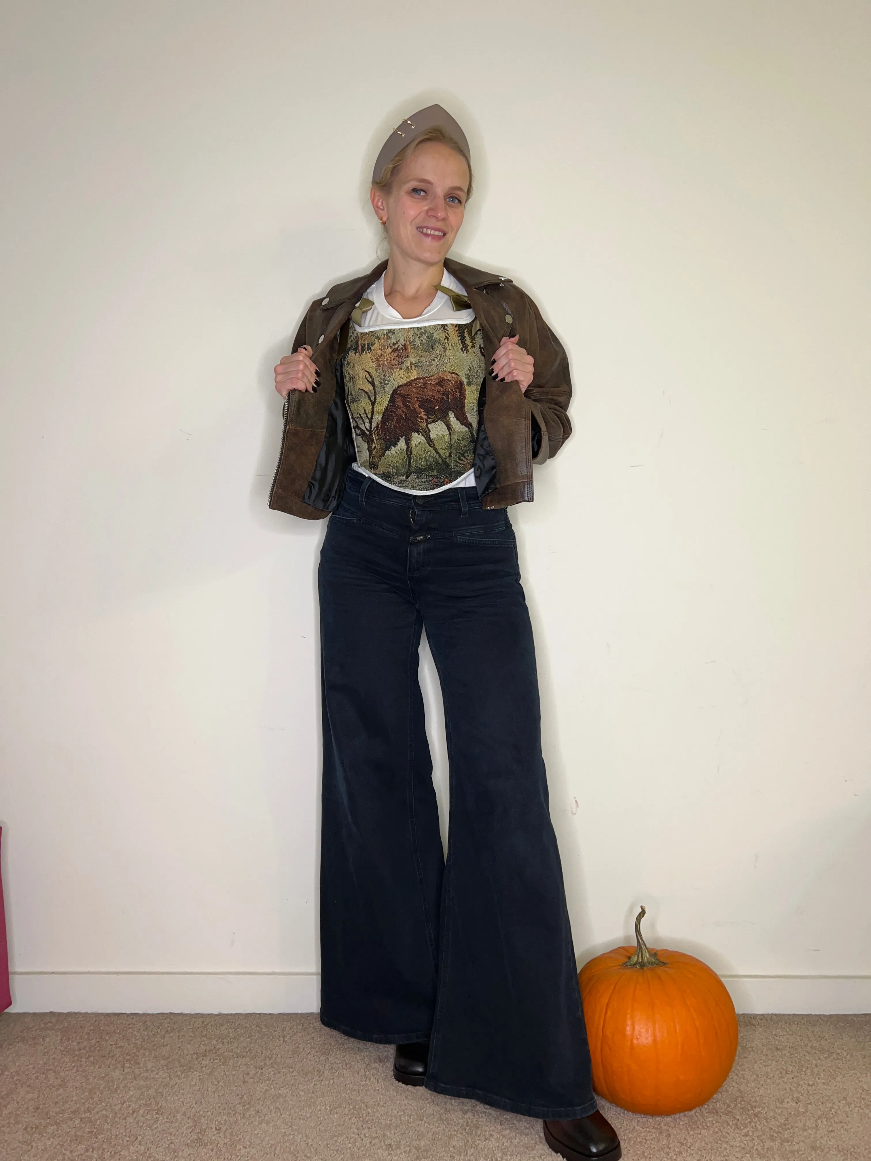 Lace-up Vintage Tapestry Corset Top, “Whitetail Deer at the Edge of a Forest Pond” Pattern