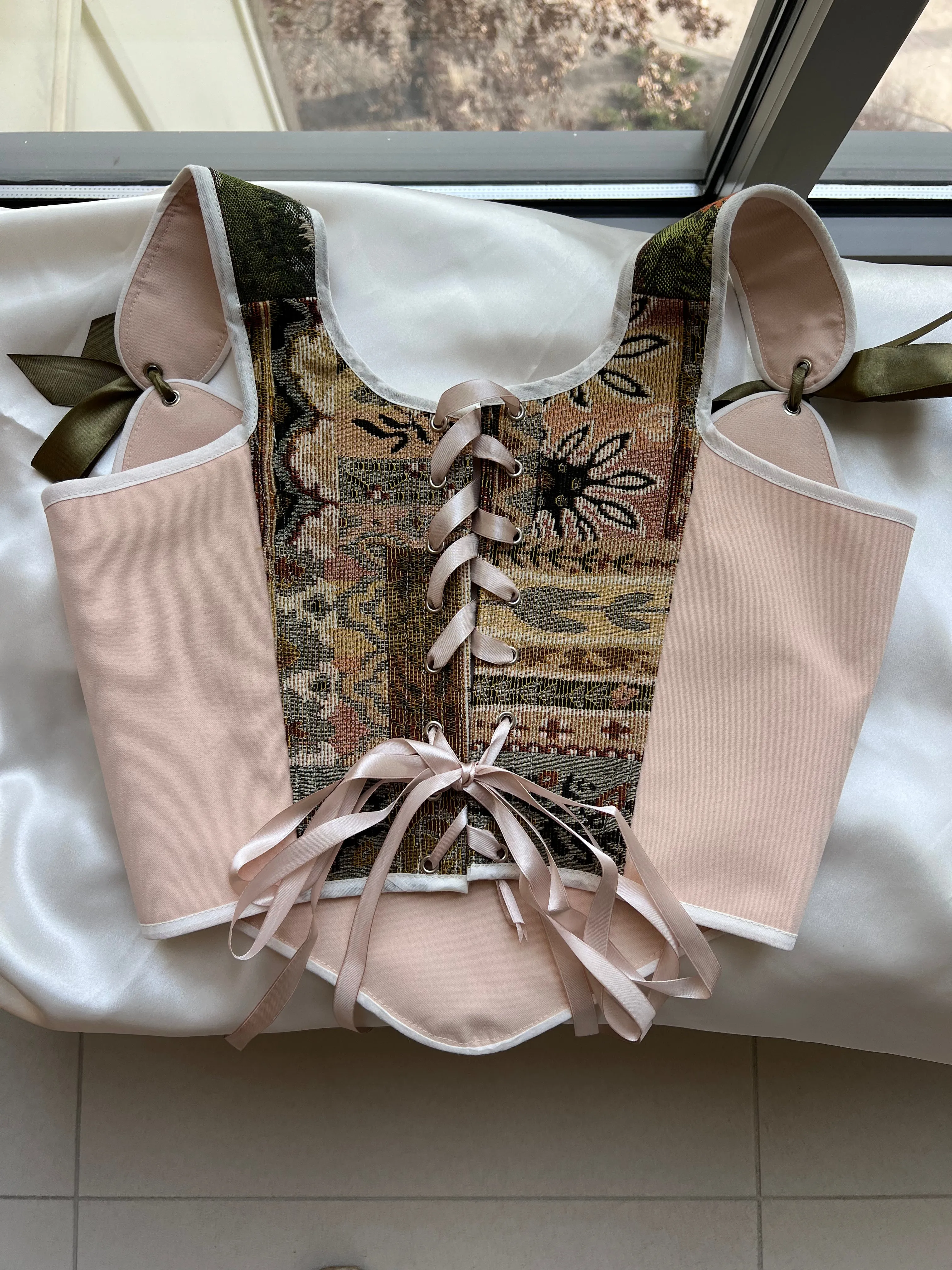 Lace-up Vintage Tapestry Corset Top, “Whitetail Deer at the Edge of a Forest Pond” Pattern