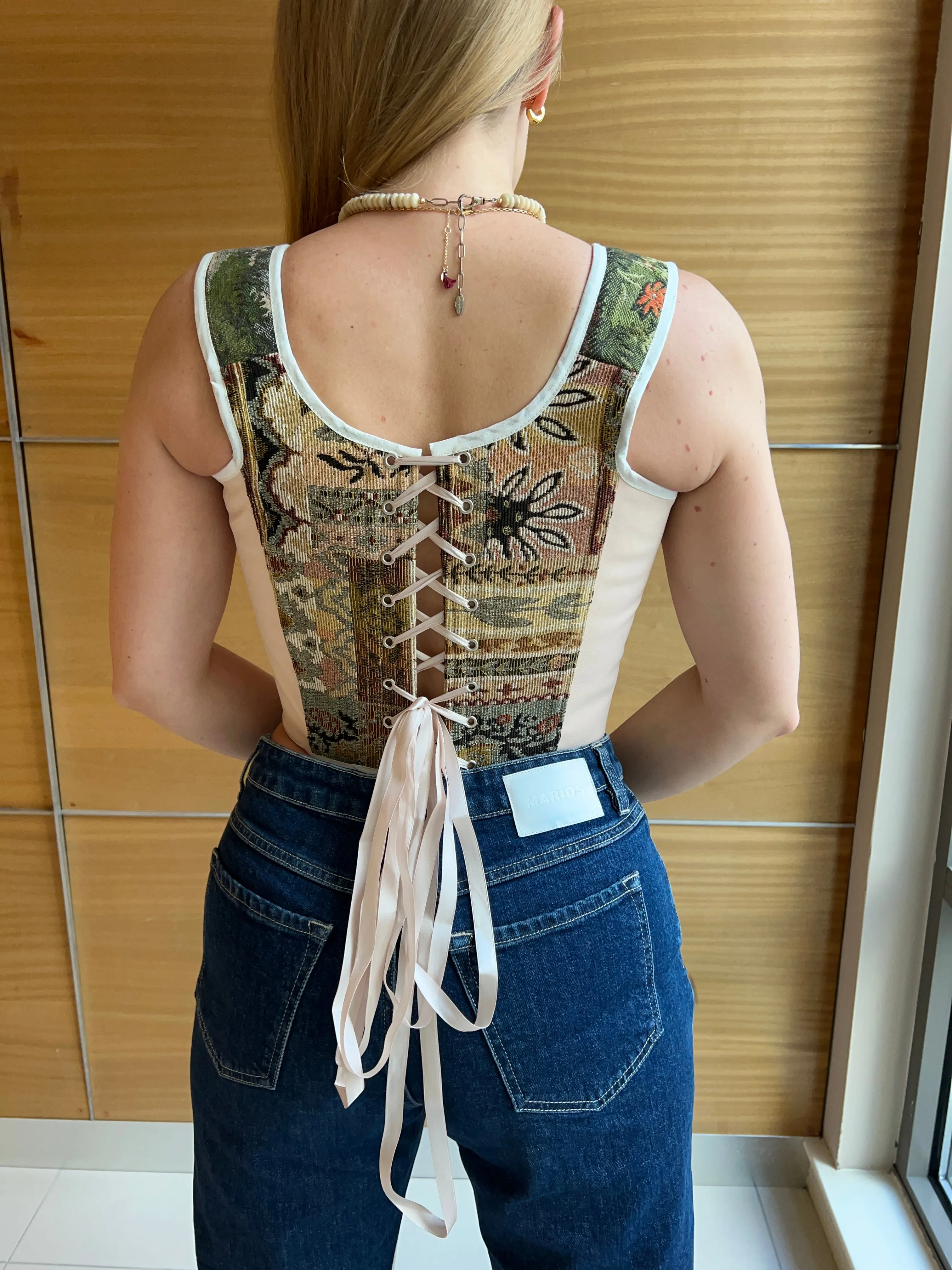 Lace-up Vintage Tapestry Corset Top, “Whitetail Deer at the Edge of a Forest Pond” Pattern