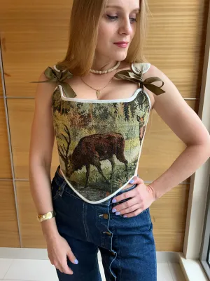 Lace-up Vintage Tapestry Corset Top, “Whitetail Deer at the Edge of a Forest Pond” Pattern