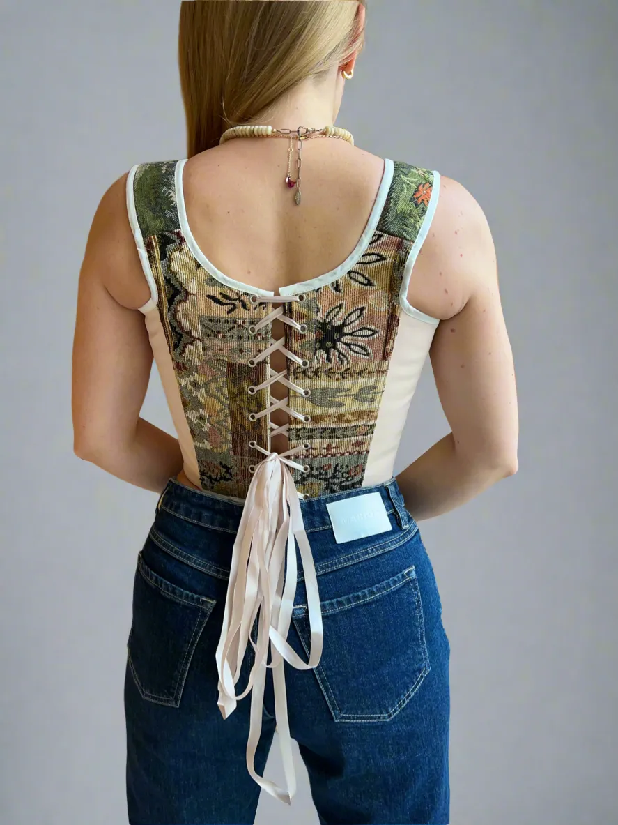 Lace-up Vintage Tapestry Corset Top, “Whitetail Deer at the Edge of a Forest Pond” Pattern