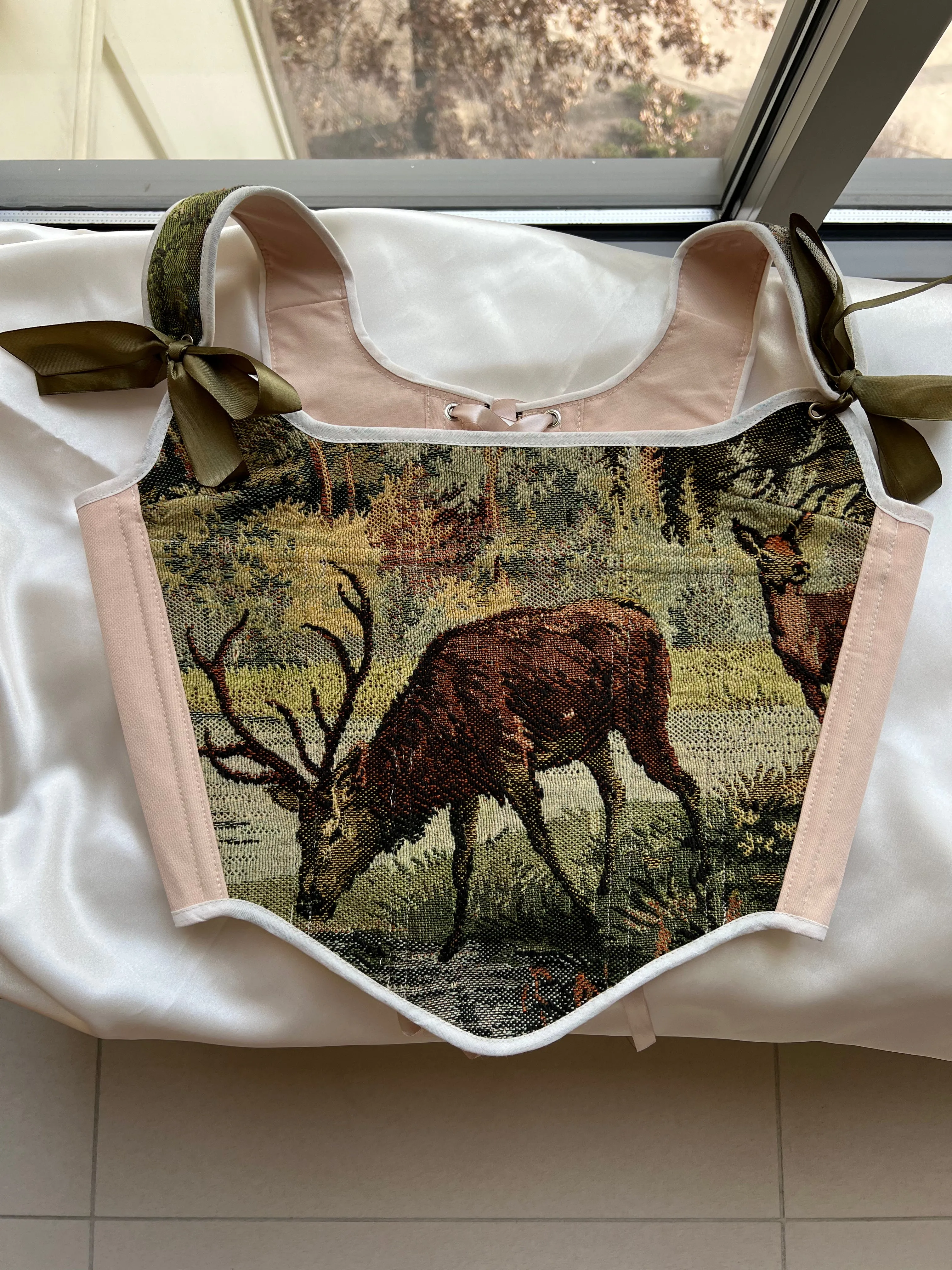 Lace-up Vintage Tapestry Corset Top, “Whitetail Deer at the Edge of a Forest Pond” Pattern