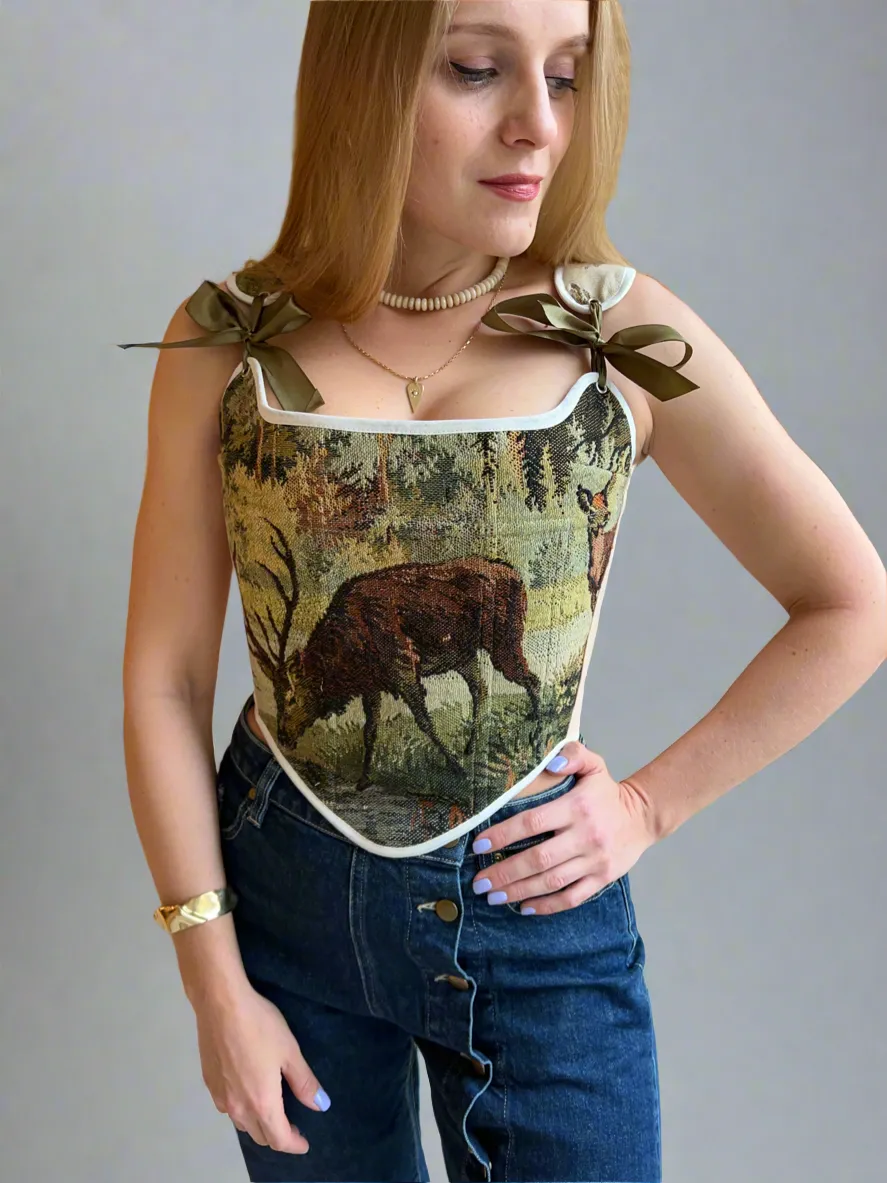Lace-up Vintage Tapestry Corset Top, “Whitetail Deer at the Edge of a Forest Pond” Pattern