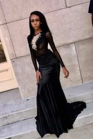 Long Sleeves Lace Appliques Jewel Floor Length Prom Dresses