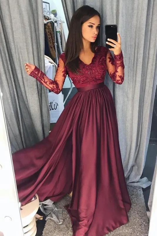 Maroon Long Sleeve V-neck Prom Dress Lace Banquet Gown with Slit