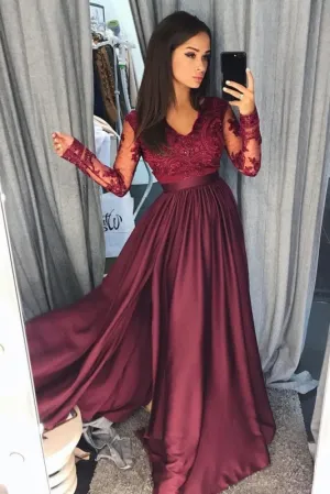 Maroon Long Sleeve V-neck Prom Dress Lace Banquet Gown with Slit