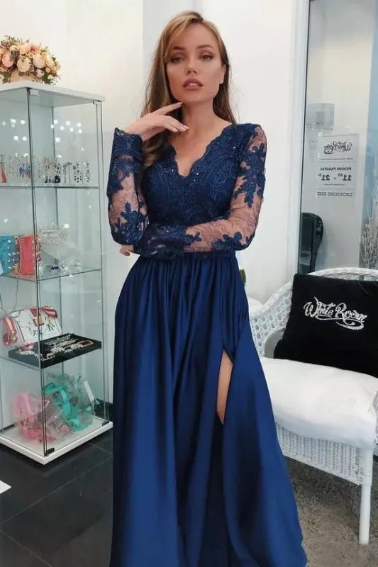 Maroon Long Sleeve V-neck Prom Dress Lace Banquet Gown with Slit
