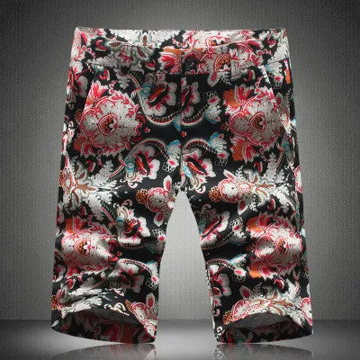 Men's Casual Slim Fit Cotton Vintage Flower Print Shorts