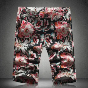 Men's Casual Slim Fit Cotton Vintage Flower Print Shorts