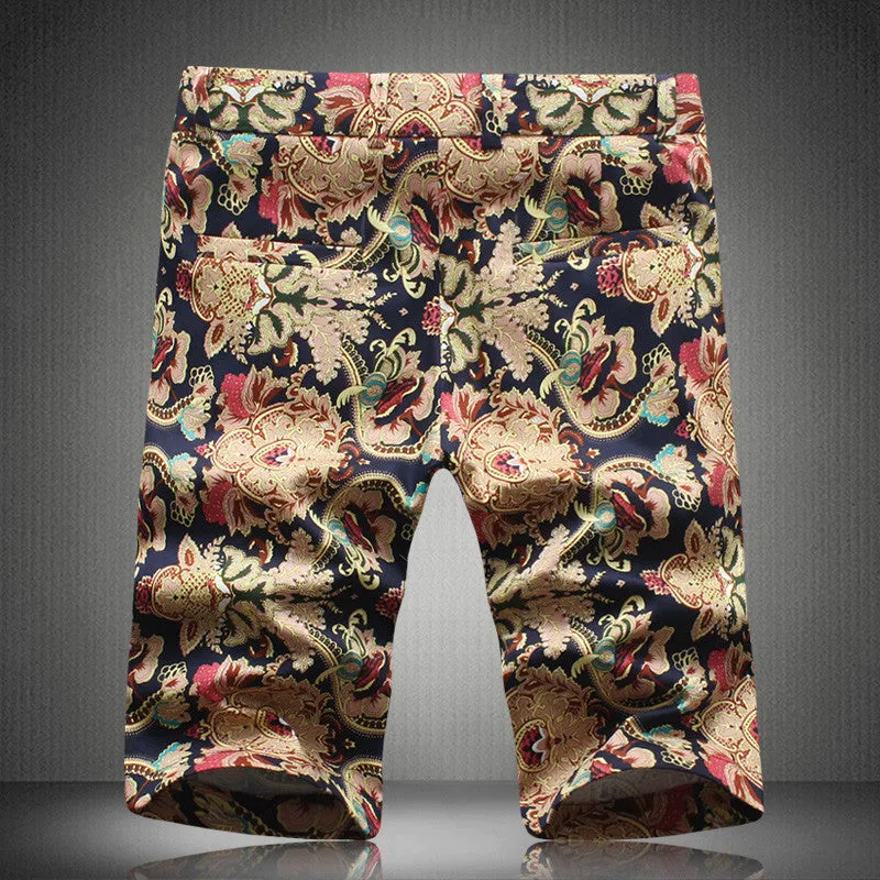 Men's Casual Slim Fit Cotton Vintage Flower Print Shorts