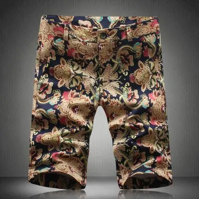 Men's Casual Slim Fit Cotton Vintage Flower Print Shorts