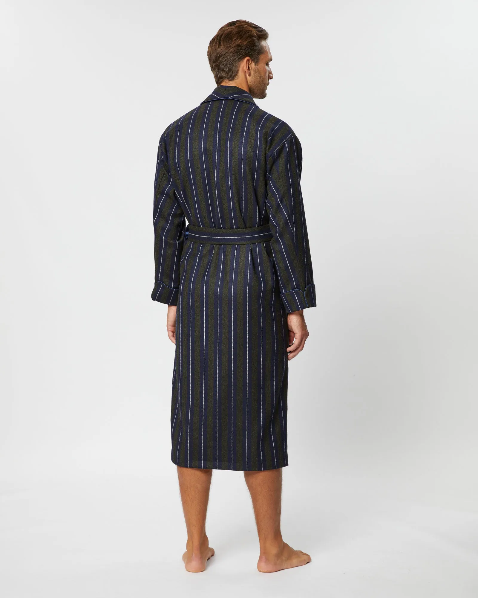 Men's Silk-Lined Wool Robe - Navy Forest Stripe