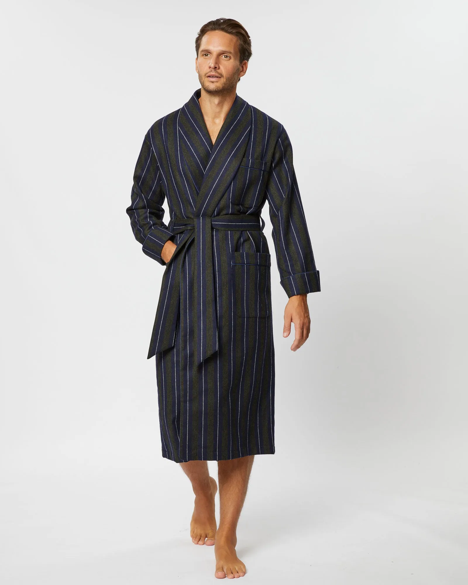 Men's Silk-Lined Wool Robe - Navy Forest Stripe