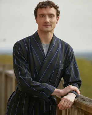 Men's Silk-Lined Wool Robe - Navy Forest Stripe