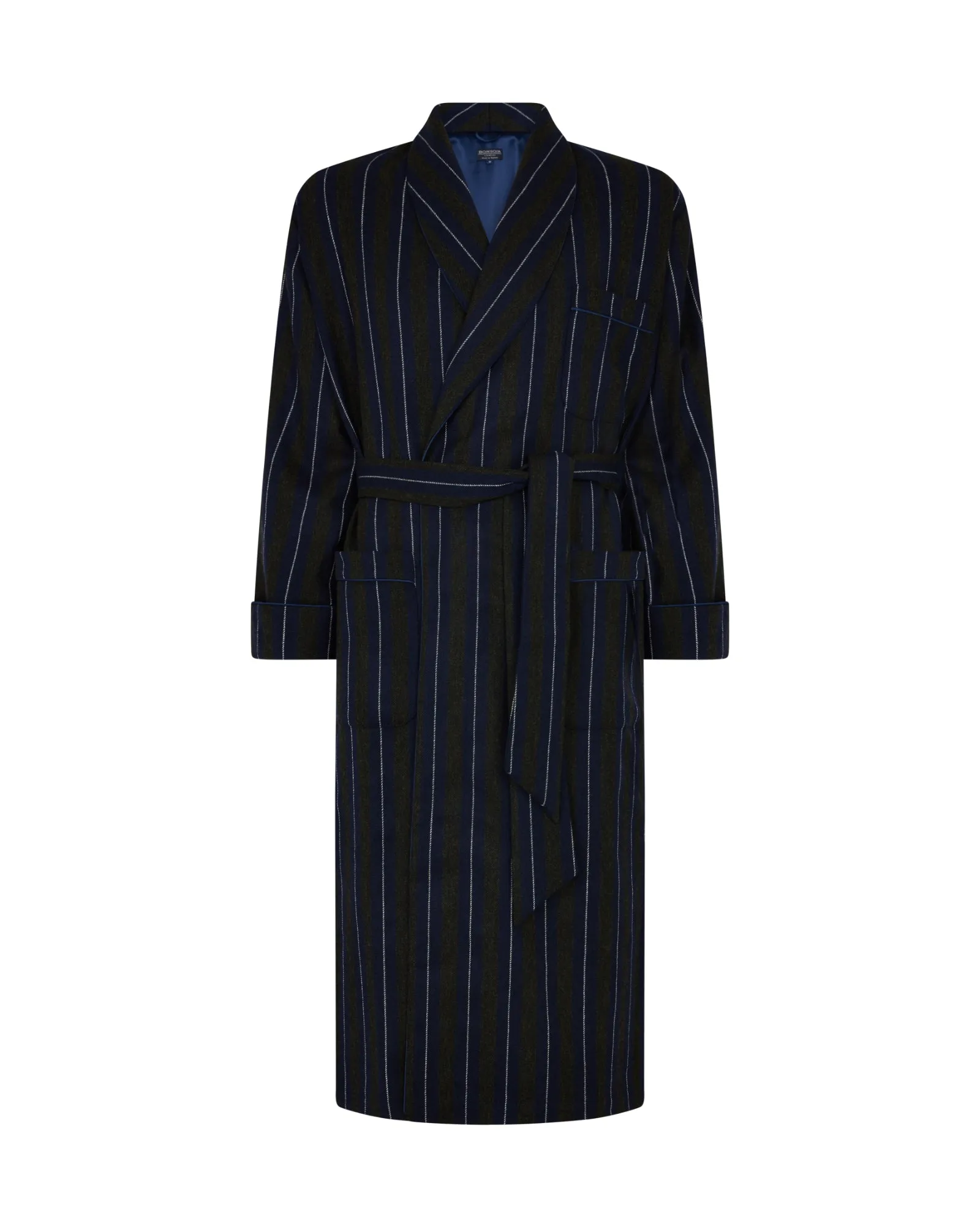Men's Silk-Lined Wool Robe - Navy Forest Stripe