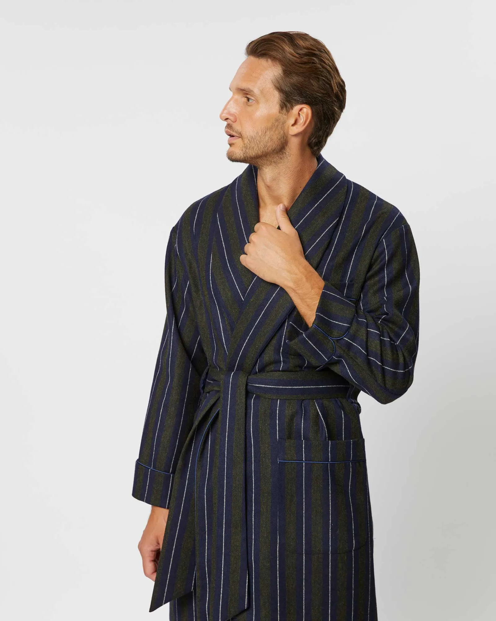 Men's Silk-Lined Wool Robe - Navy Forest Stripe
