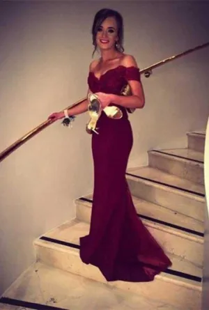 Mermaid Burgundy Off-the-Shoulder Chiffon Lace Prom/Evening Dress