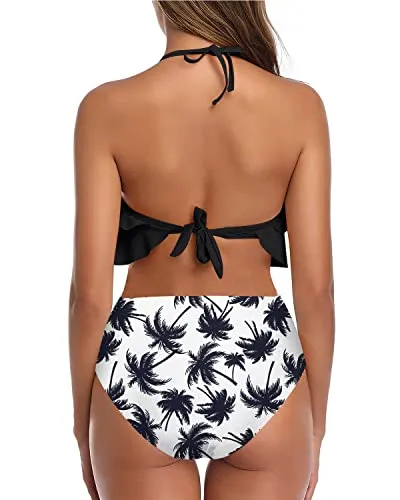 Modest High Waisted Two Piece Swimsuit Tiered Ruffles For Girls-Black Palm Tree