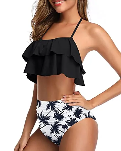 Modest High Waisted Two Piece Swimsuit Tiered Ruffles For Girls-Black Palm Tree