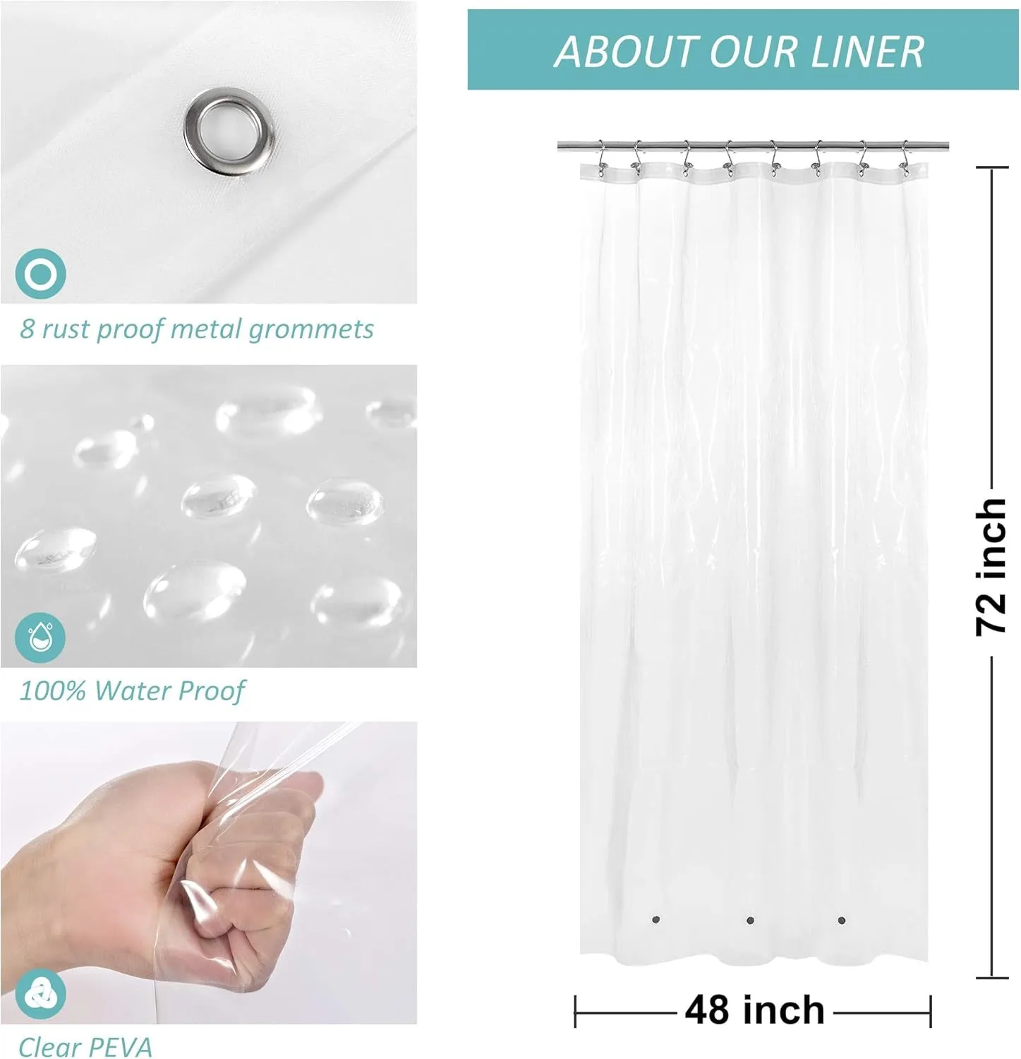Mrs Awesome Stall Shower Curtain Liner with 3 Magnets 48 X 72 Inch, PEVA 8G Thick & Heavy Duty Plastic Shower Curtain for Bathroom, Waterproof, 48X72, Clear