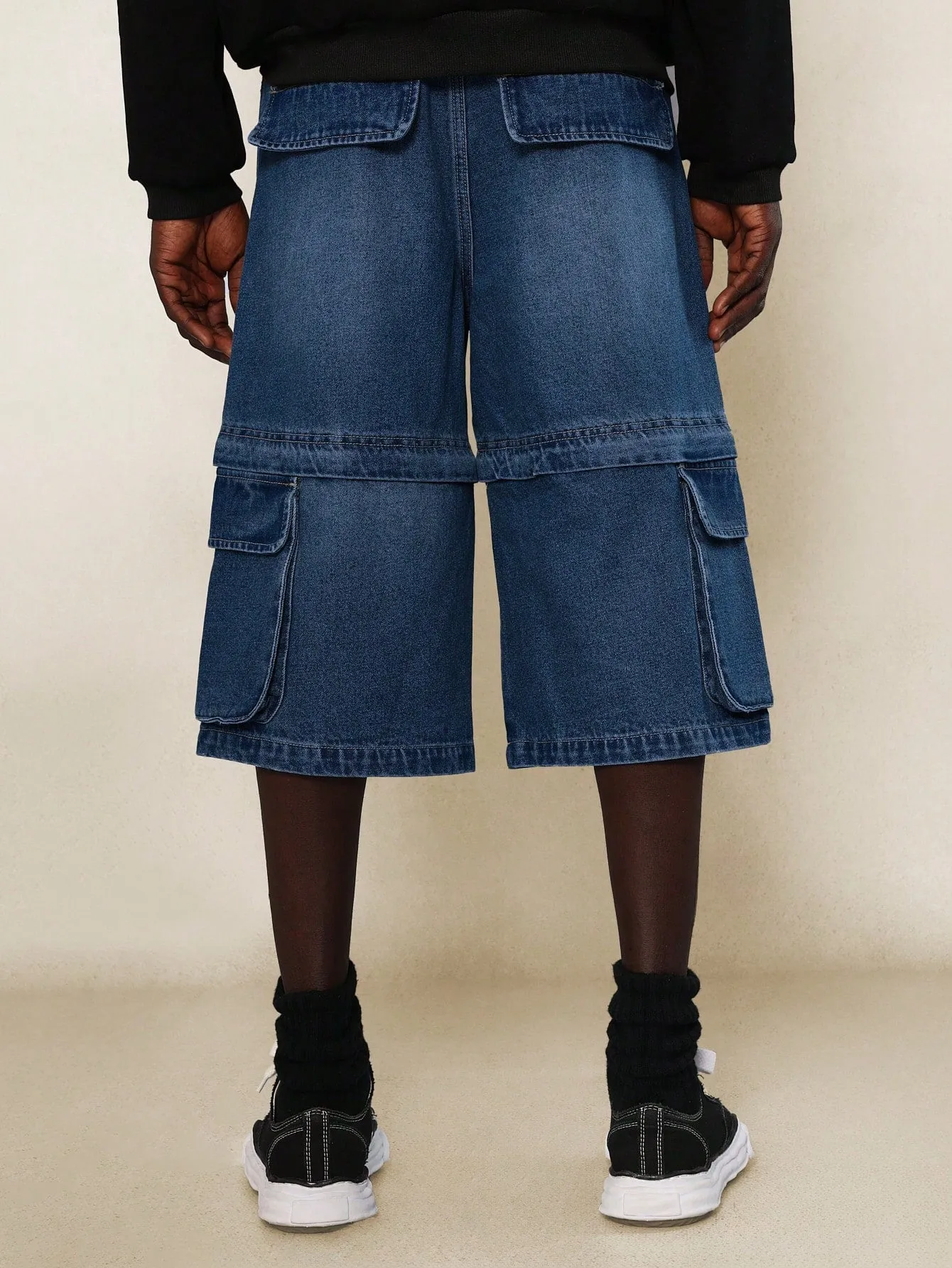 Multi Pocket Cargo Denim Jort With Hidden Zip Convertible To Short