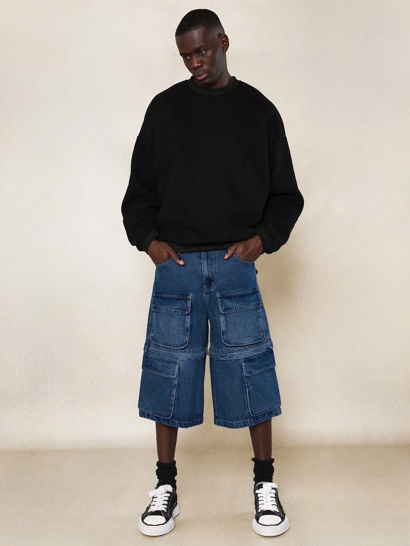 Multi Pocket Cargo Denim Jort With Hidden Zip Convertible To Short