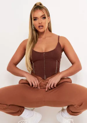 Natalya Chocolate Rib Contrast Stitch Corset Top