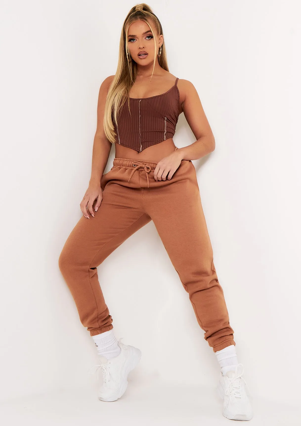 Natalya Chocolate Rib Contrast Stitch Corset Top