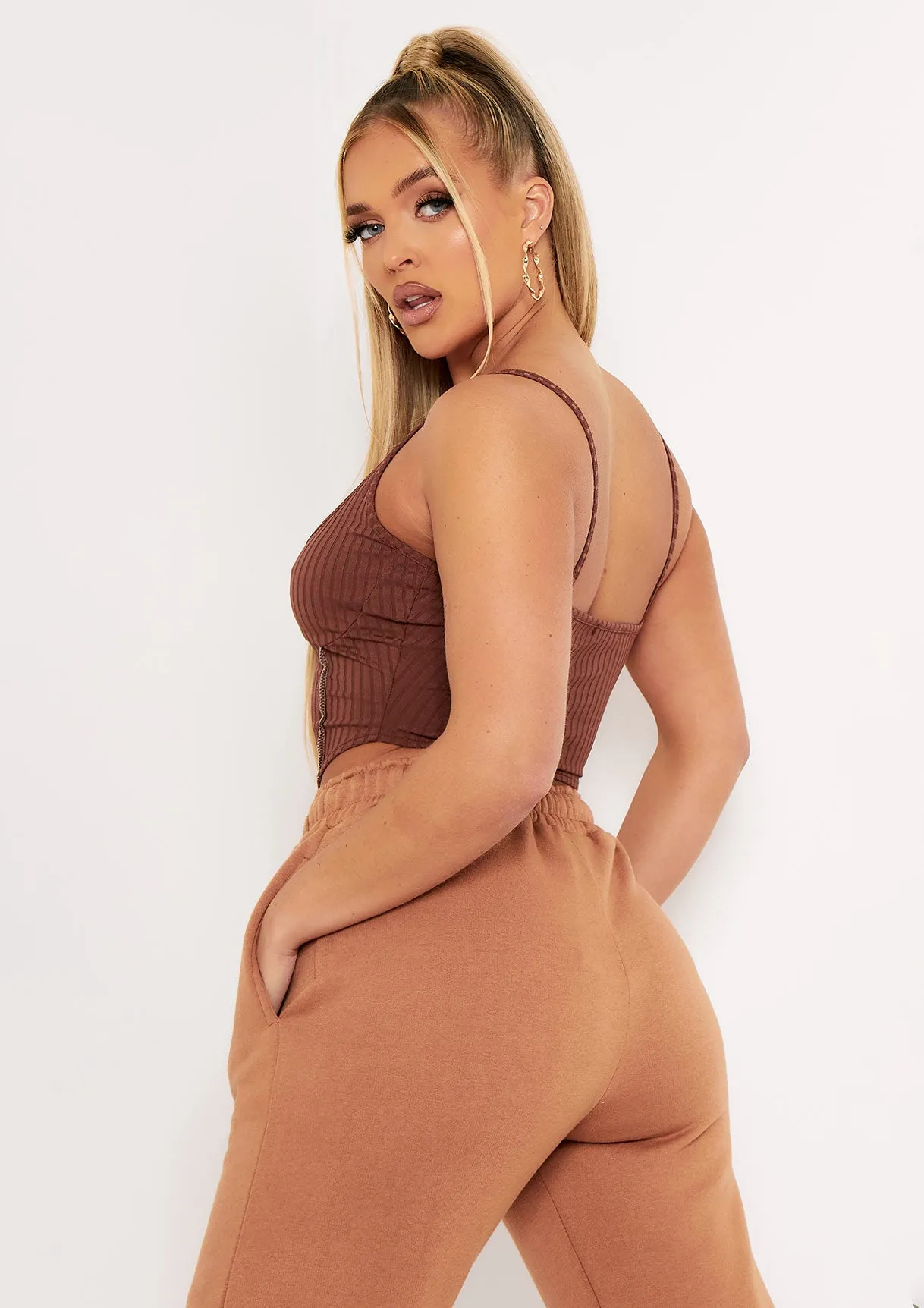 Natalya Chocolate Rib Contrast Stitch Corset Top
