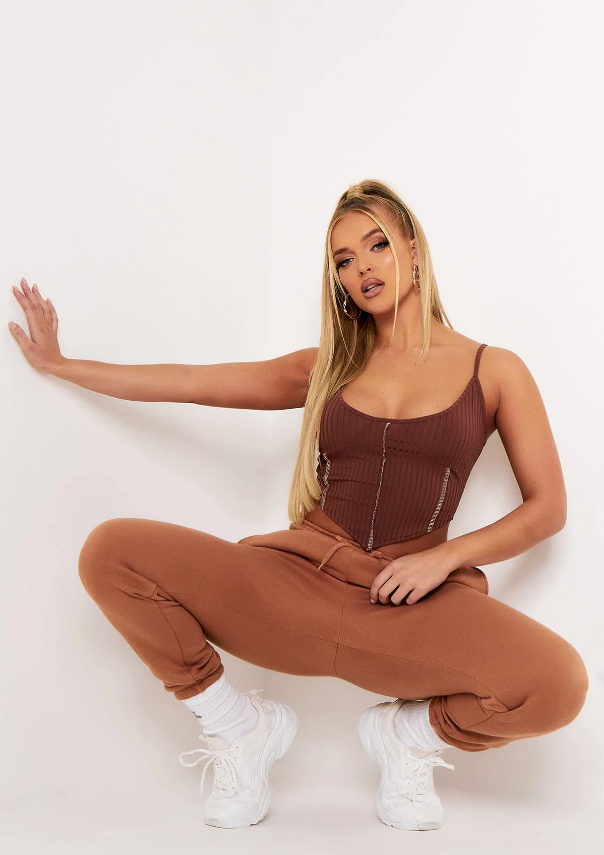 Natalya Chocolate Rib Contrast Stitch Corset Top