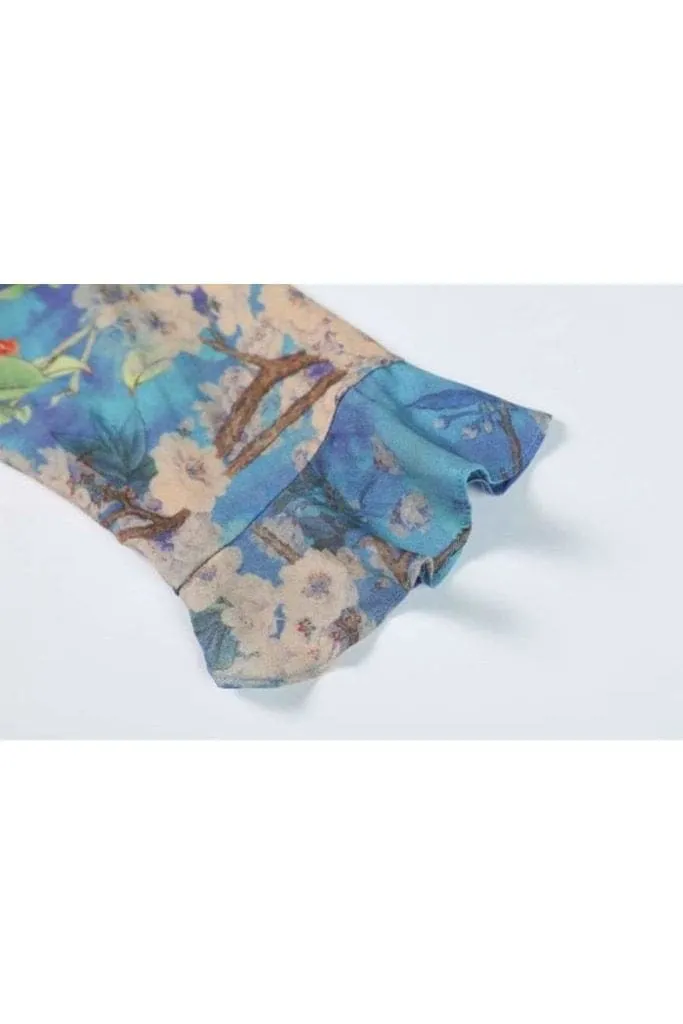 Ocean Blue Cherry Blossom Maxi Wrap Dress