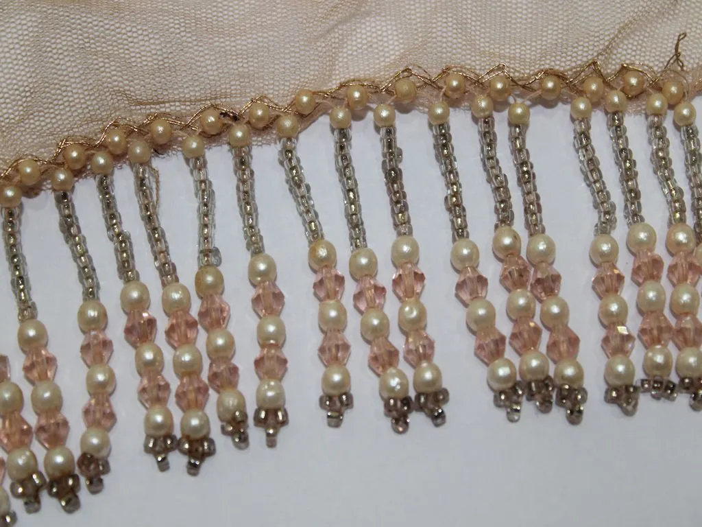 Off White Pink Pearl and Beads Work Fringe Lace