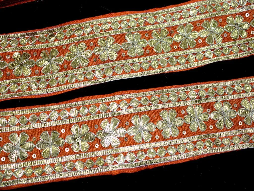 Orange Floral Gota Work Embroidered Border