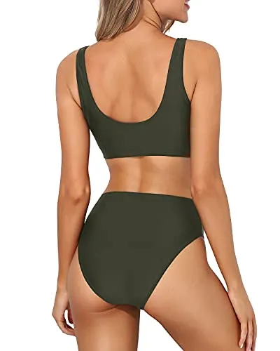 Push-Up Bra Support Bikini Set Two Piece Scoop Neck Bikini For Women-Army Green