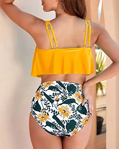Removable Padded Women Ruffled Flounce Bikini Swimsuit-Yellow Floral