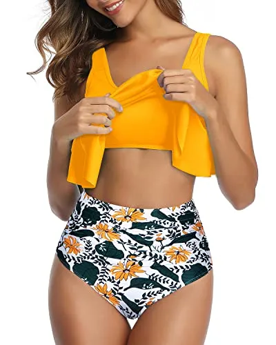 Removable Padded Women Ruffled Flounce Bikini Swimsuit-Yellow Floral