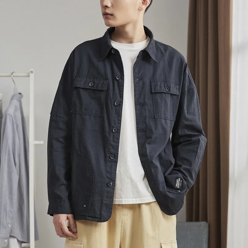Riolio Black Long Sleeve Shirts Coat Men's Cardigan Cargo Vintage Clothing for Men Button Up Shirt Spring Japanese Streetwear